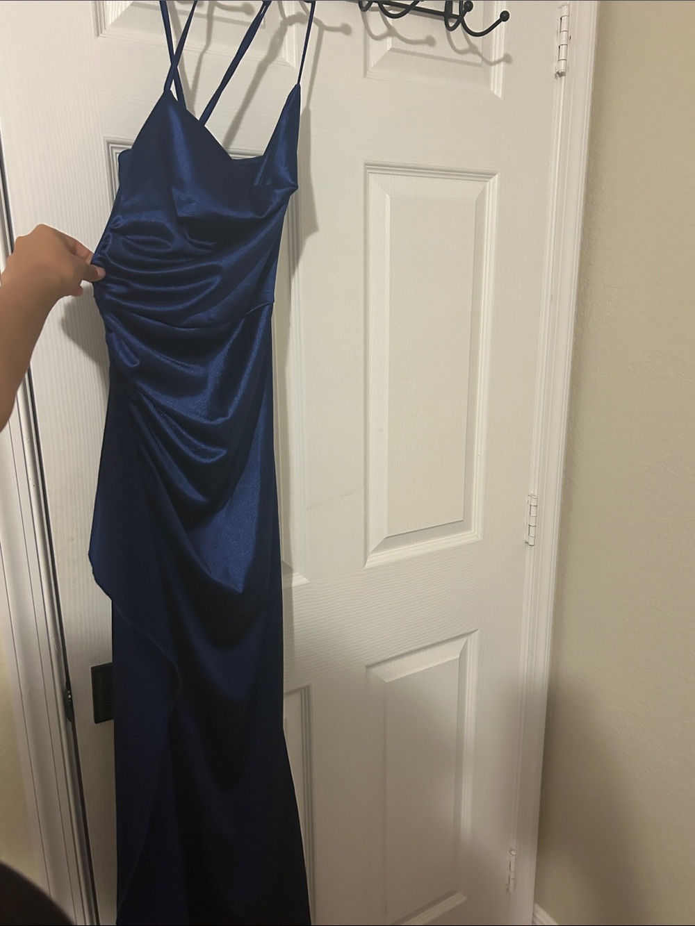 SHEIN Navy Blue Satin Cowl Neck Ruched Prom Dress
